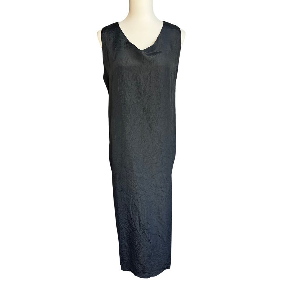 Cynthia Ashby Black Lagenlook Crinkle Maxi Dress Size Large Minimalist Chic NWT